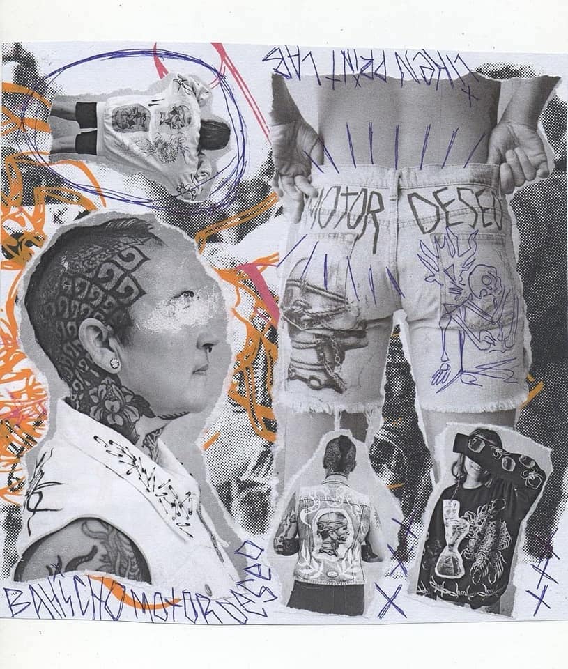 Collage av Motor Deseos kläder som sitter på bla tatuerare Soledad Aznar som har en väst med säkerhetsnålar och huvudet täckt av tatueringar.