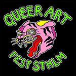 Rosa glad tiger i tatuerings old school stil med knall grön text Queer Art Fest Sthlm.
