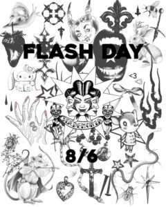 Collage av svartvita tatueringsmotiv inför tattoo flash day, av tatuerare på StaDemonia.