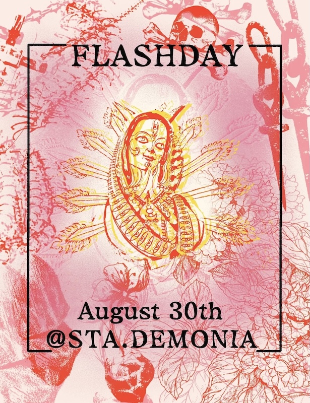 Kollage av tatueringsflash i varma toner med StaDemonia i mitten. Av tatuerare Alex på StaDemonia Tattoo Stockholm