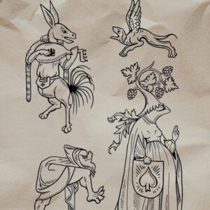 Tatueringsflash, motiv i medeltida stil -en hare som spelar banjo och gargolas. Av tatuerare Petrix