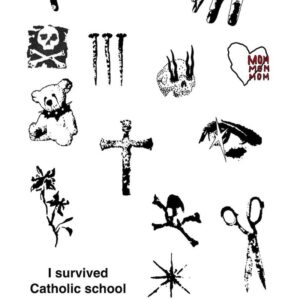 Flash sheet med små black work motiv för tatuering som spikar, sak, dödskalle, nallebjörn. Av tatuerare Brutalist Baby.