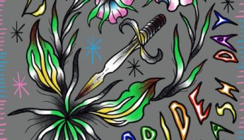 Blomma med transfärger omfamnar en kniv med texten Pride Flash Day i regnbågsfärger. I old school tatueringsstil av tatuerare Sara Swanson.