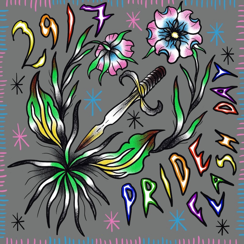 Blomma med transfärger omfamnar en kniv med texten Pride Flash Day i regnbågsfärger. I old school tatueringsstil av tatuerare Sara Swanson.