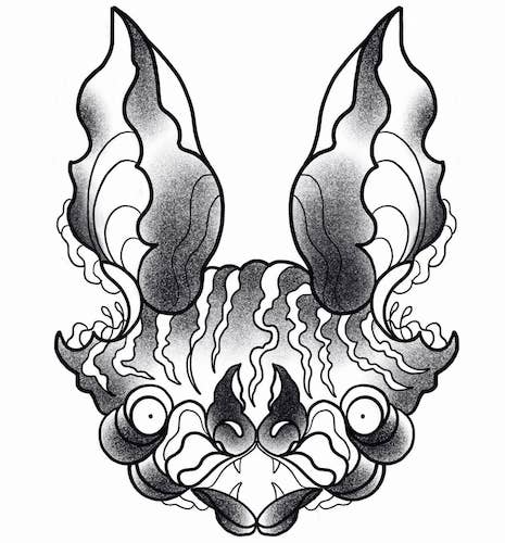 Tattoo flash by queer tattooer Sara Swanson, a mat with crazy eyes and big ornamental ears in blackwork style.