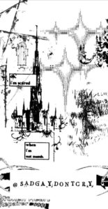 Illustration in tattoo blackwork style, nonfigurative shapes inspired from digital codes, by tattooer Ash. 