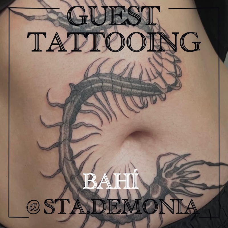 Centipede over torso, by Argentinian tattooer Bahi