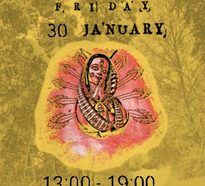 Virgin with devils hornes in warm colours, with text about Flash Day at StaDemonia Tattoo. By tattooer Soledad.