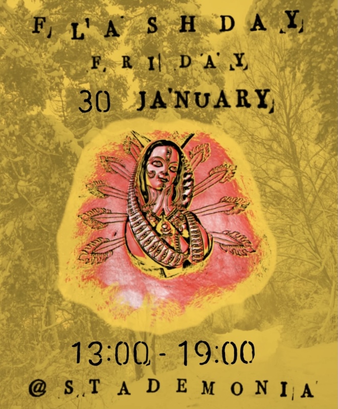 Virgin with devils hornes in warm colours, with text about Flash Day at StaDemonia Tattoo. By tattooer Soledad.