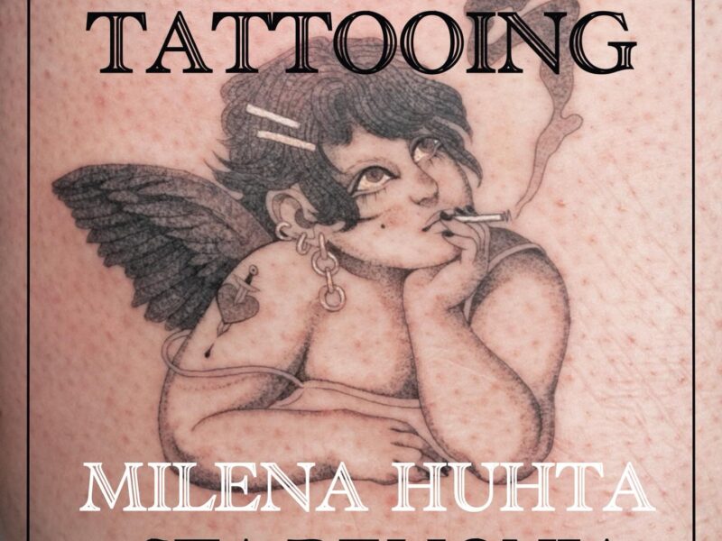 Smoking angel, tattoo in fineline and dotwork style, by queer tattooer Milena