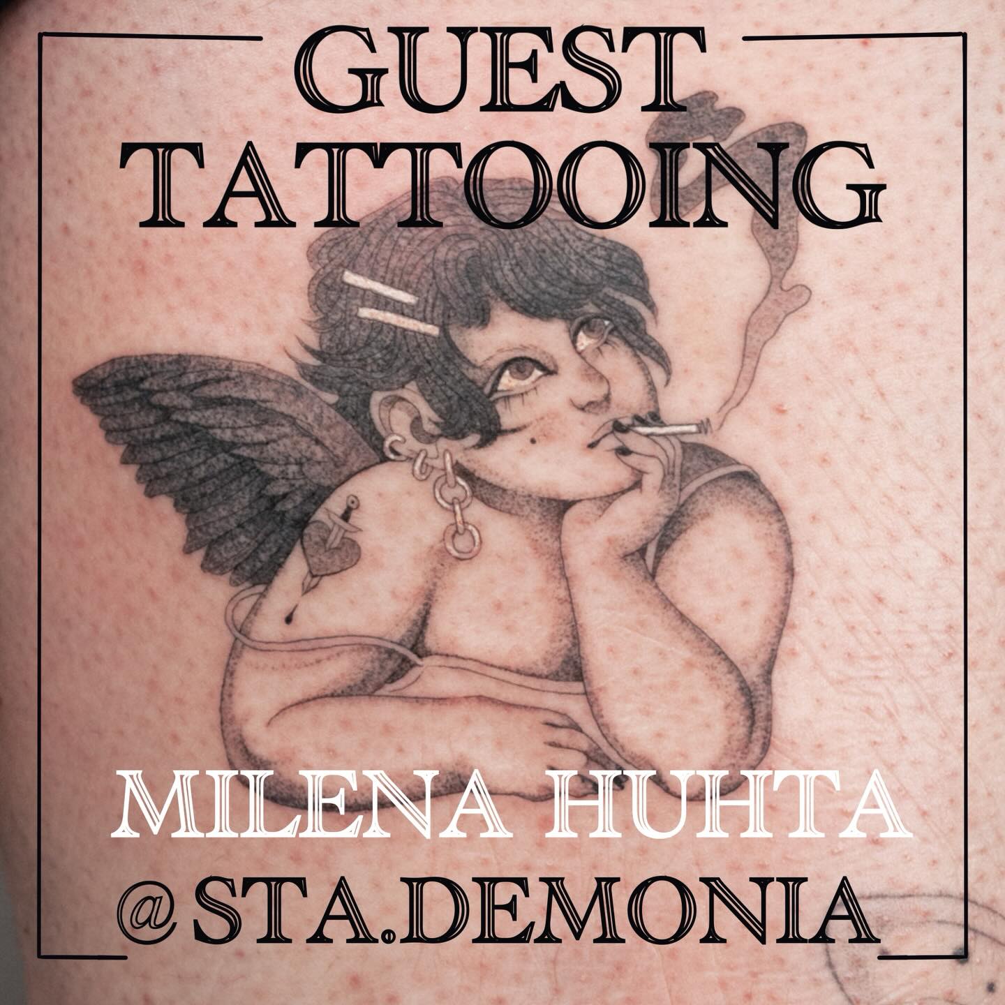 Smoking angel, tattoo in fineline and dotwork style, by queer tattooer Milena