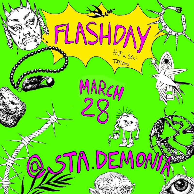 Slime green flyer anouncing Flash Day at StaDemonia Tattoo Stockholm. Illustration by by the tattooers -demonis, flowers, barb wire.