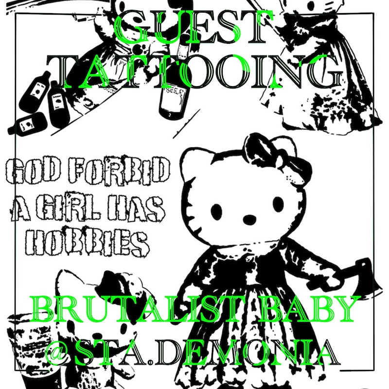 Illustration of Hallo Kitties with axes in their hands and the text God forbid a girl has hobbies. In blackwork tattoo style by tattooer Brutalist Baby