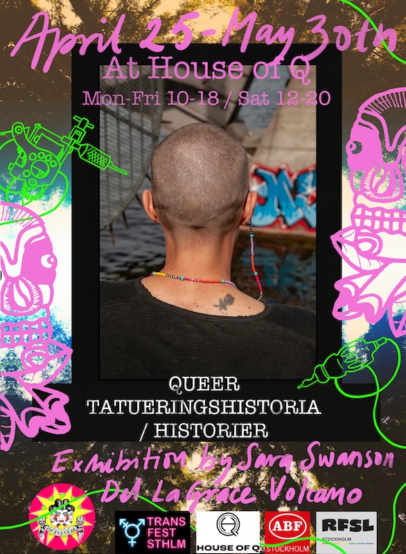 Colorful photo of a person with shaved head from the back. You see a small old rose tattoo on their sholder.