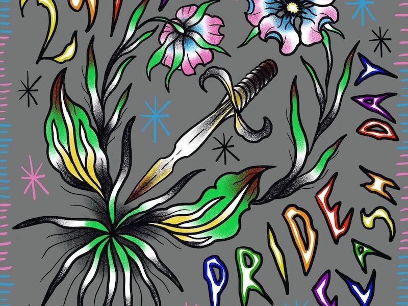 Wild flower with trans colours hides a knife. In old school tattoo style by tattooer Sara Swanson