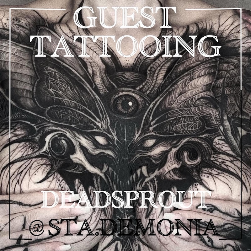 Tattoo of a monster all over a chest with a mixed technique of fine line and blackwork tattooing. By queer tattooer Flavio.